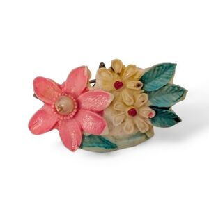 VINTAGE Carved Celluloid Floral Pin Brooch 1940 Colorful Pink Aqua Cream